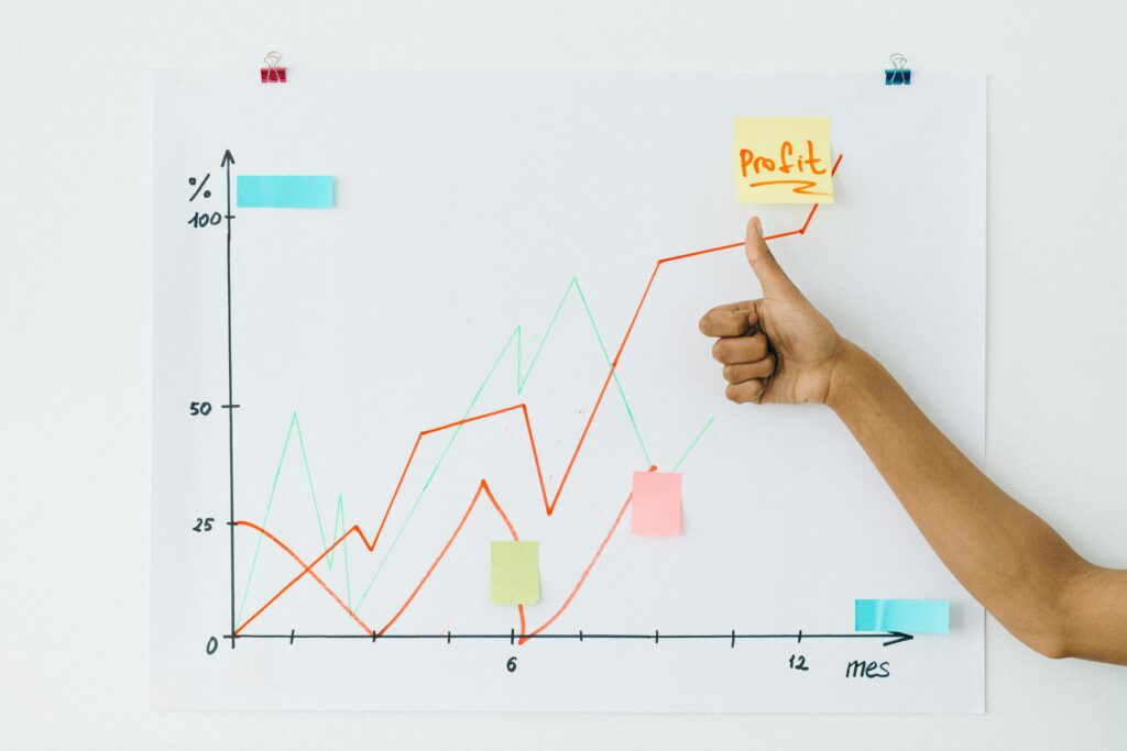 A hand giving thumbs up next to profit chart on a whiteboard, indicating success.